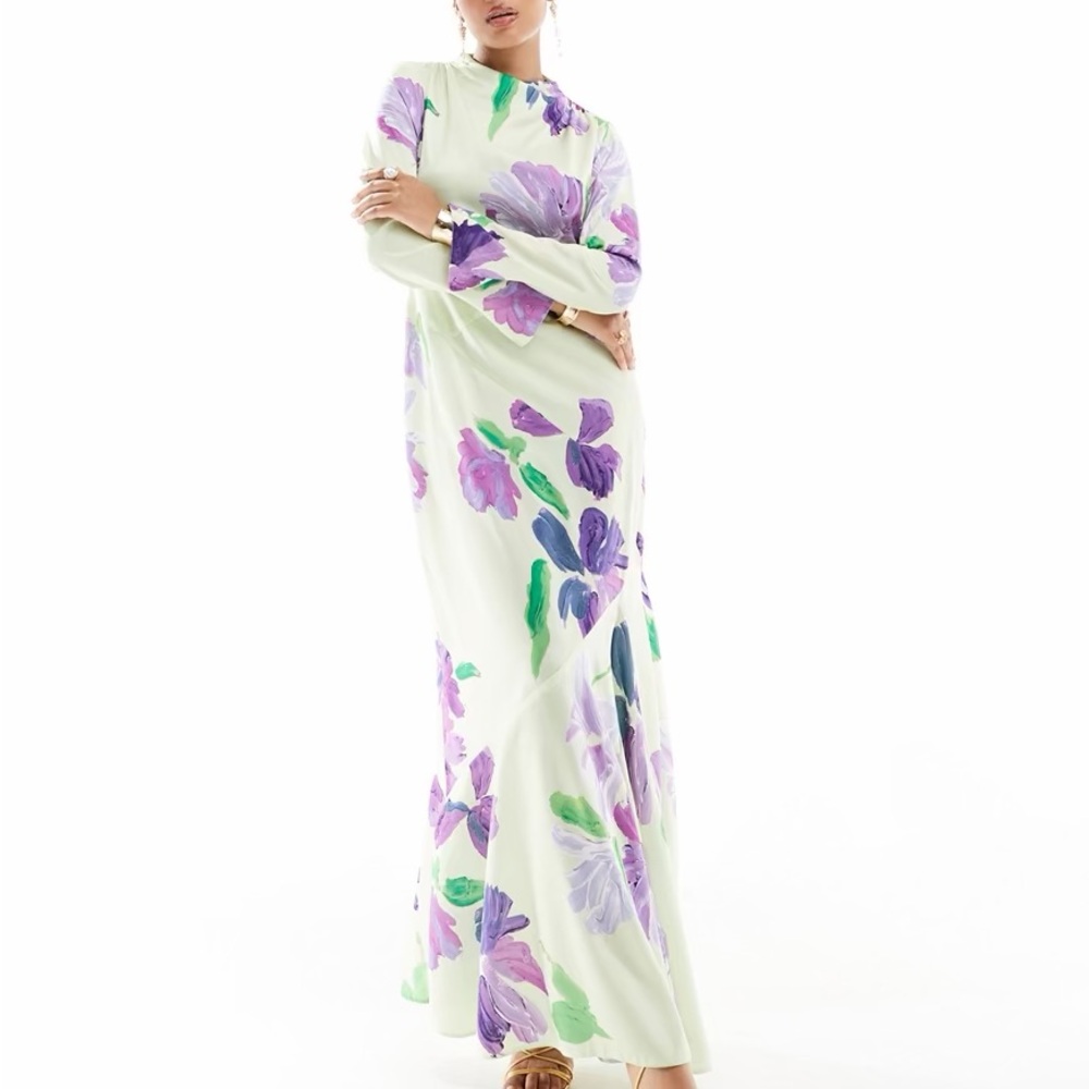 ASOS Floral Long Sleeve Maxi Dress in Lavender & Green